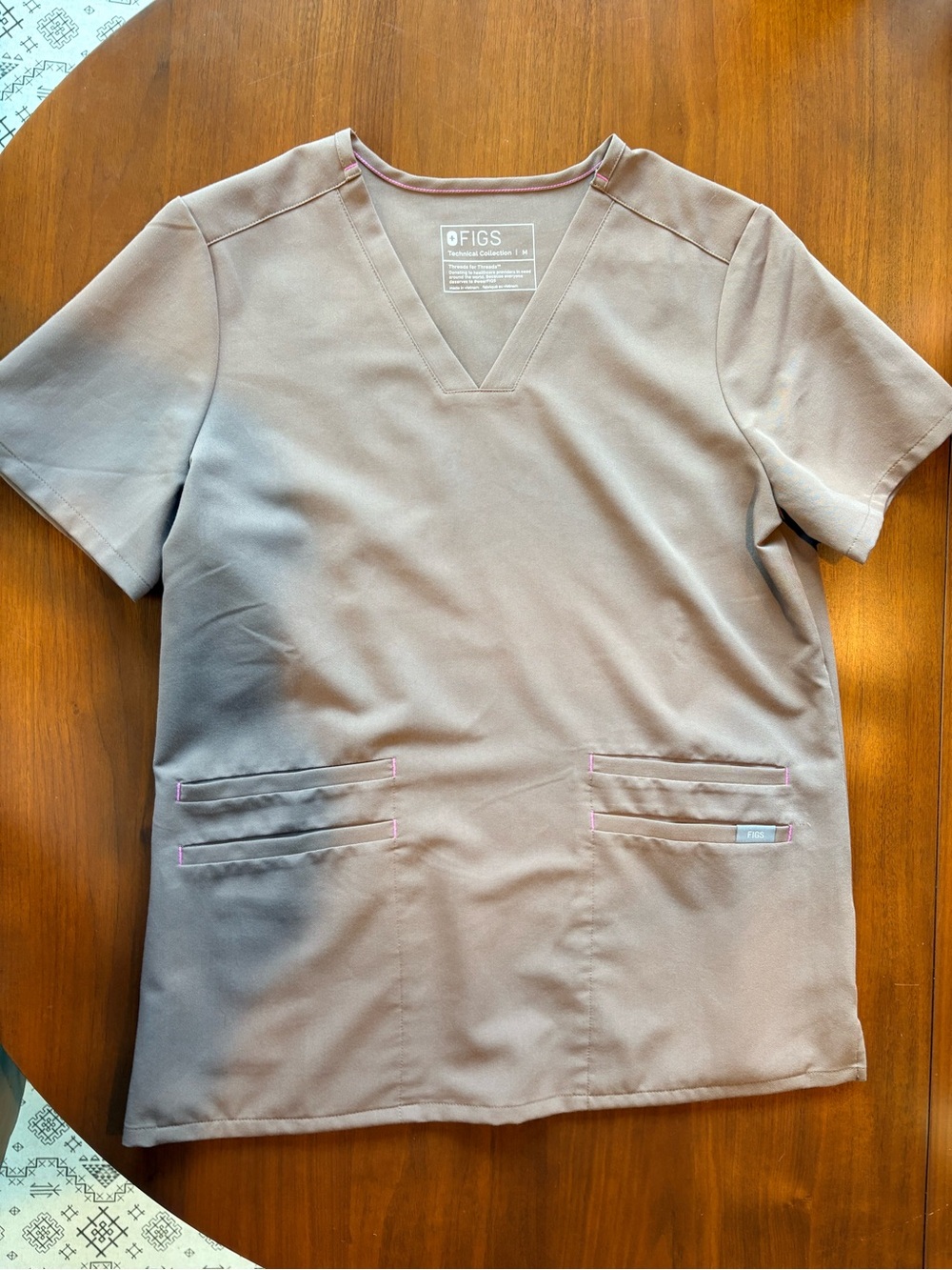 Figs Mauve Scrub Top with Pink Accent Trim